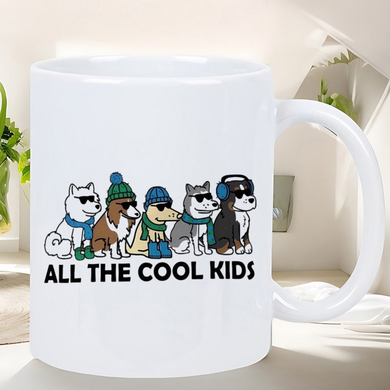 Tailorly White Ceramic 11 oz Mug - All The Cool Kids Group Of Adorable Cartoon Puppies Wearing Colorful Winter Accessories Sunglasses Dog