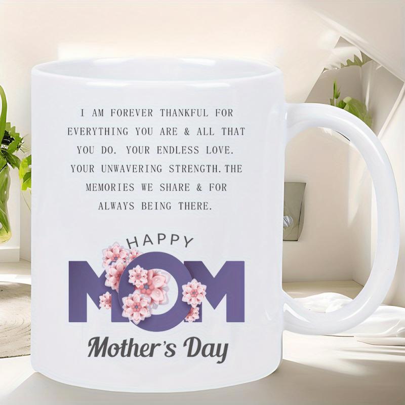 Tailorly White Ceramic 11 oz Mug - Happy Mom Mother's Day Elegant Blooming Pink Flowers Decorating Bold Purple Text Lettering Flower