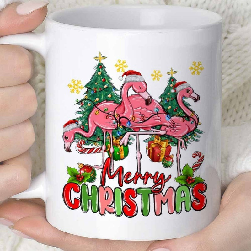 Tailorly White Ceramic 11 oz Mug - Merry Christmas Three Festive Pink Birds Wearing Santa Hats Beside Decorated Evergreen Trees Flamingo