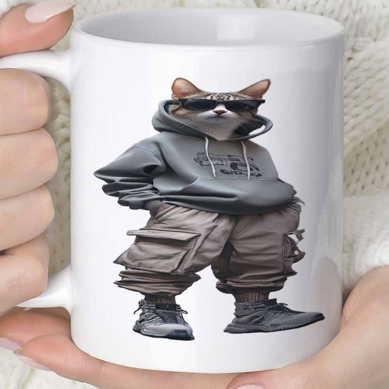 Tailorly White Ceramic 11 oz Mug - Cool Streetwear Style Wearing Sunglasses And Oversized Gray Hoodie Cargo Pants Cat