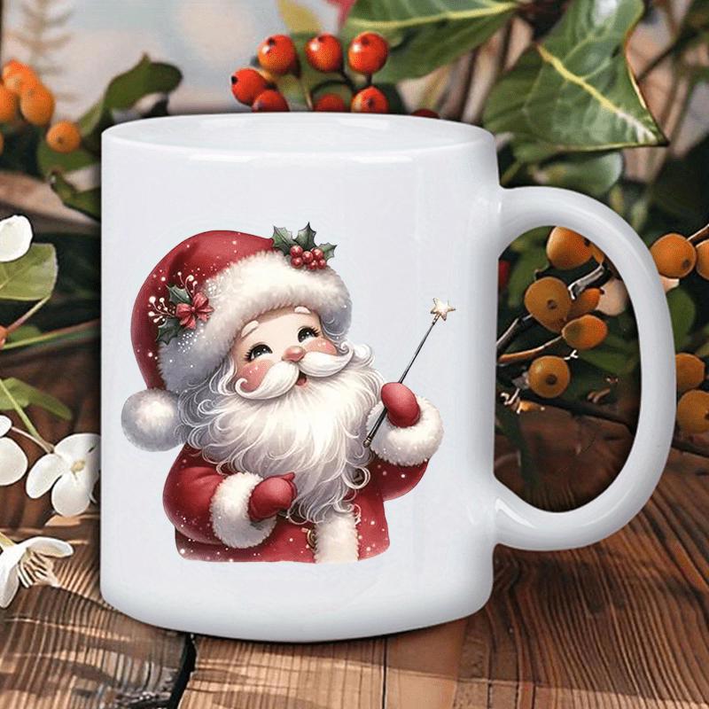 Tailorly White Ceramic 11 oz Mug - Adorable Smiling Vintage Santa Claus With Snowy White Beard Holding Starry Wand Santa