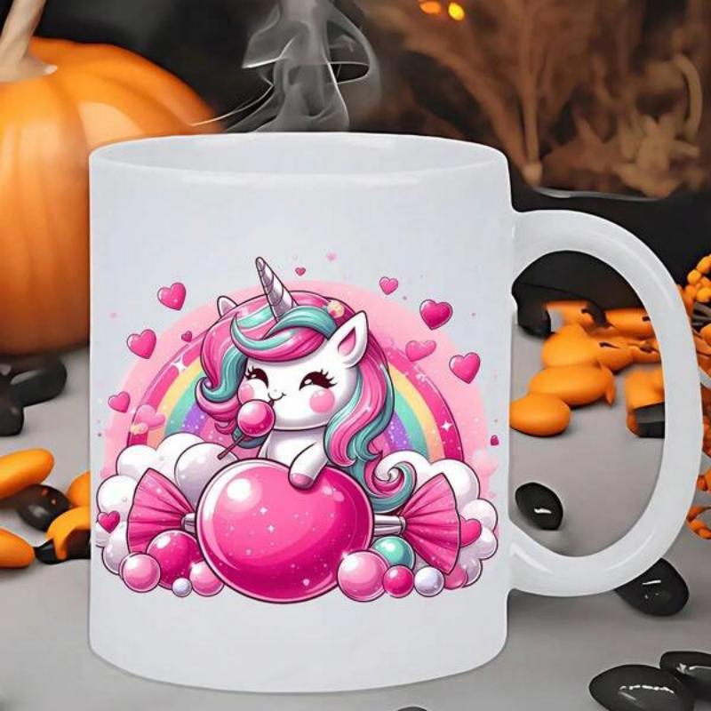 Tailorly White Ceramic 11 oz Mug - Adorable Magical Creature With Rainbow Hair Holding Sweet Pink Heart Shaped Candy Unicorn