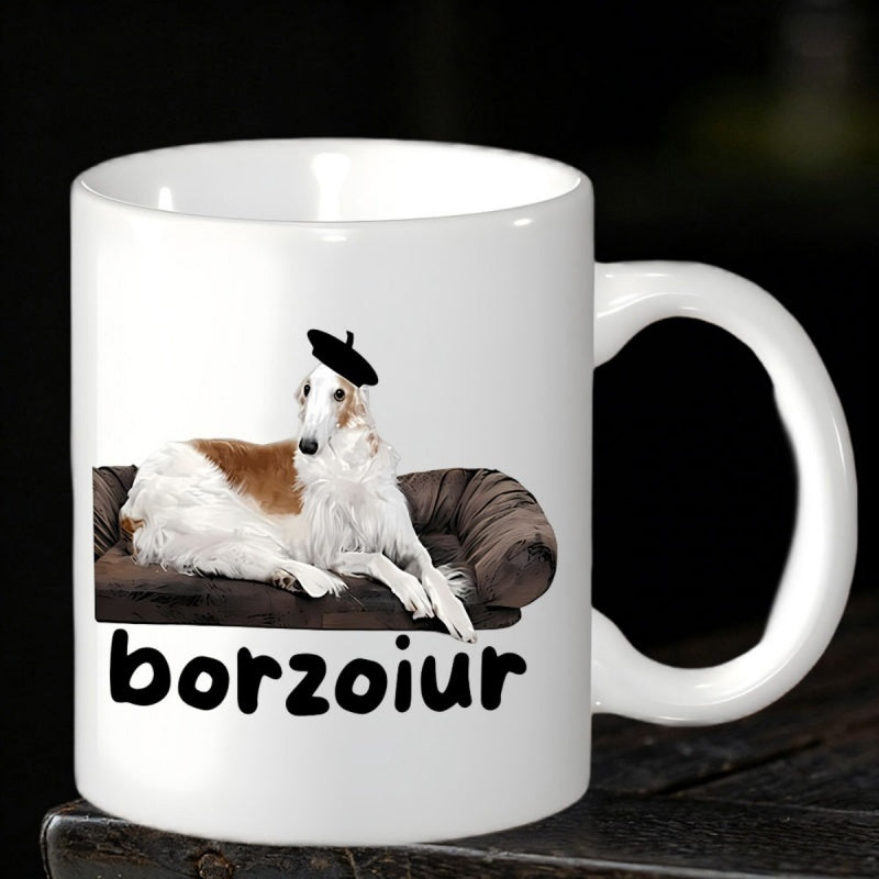 Tailorly White Ceramic 11 oz Mug - Borzoiur Long Haired White Dog Wearing Beret Resting On Dark Brown Sofa Borzoi