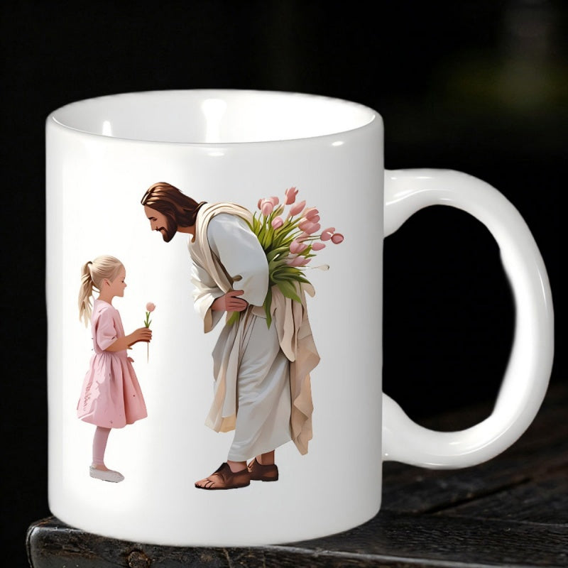 Tailorly White Ceramic 11 oz Mug - Gentle Figure Hiding Fresh Pink Tulips Behind His Back For Girl Jesus