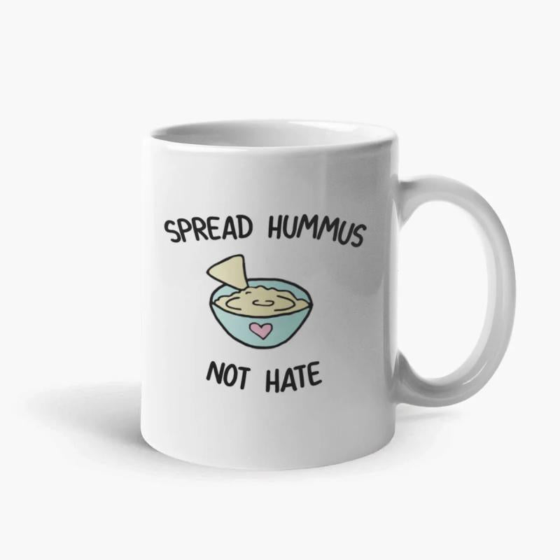 Tailorly White Ceramic 11 oz Mug - Spread Hummus Not Hate Simple Hand Drawn Illustration Of A Heart Decorated Creamy Hummus Dip Bowl