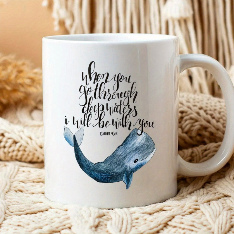 Tailorly White Ceramic 11 oz Mug - When You Go Through Deep Waters I Will Be With You Serene Watercolor Blue Whale Swimming Within Peaceful Deep Ocean Waters Whale