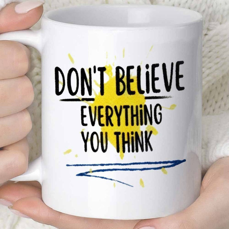Tailorly White Ceramic 11 oz Mug - Don't Believe Everything You Think Bright Yellow Abstract Ink Splatter With Minimalist Artistic Lines Splash