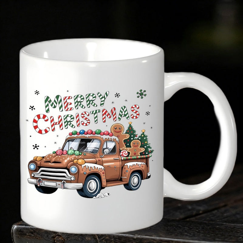 Tailorly White Ceramic 11 oz Mug - Merry Christmas Vintage Brown Vehicle Carrying Holiday Gingerbread Cookies And Pine Trees Truck
