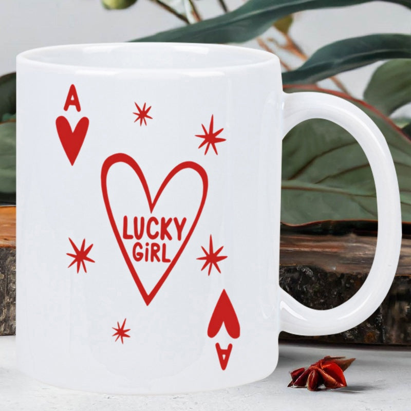 Tailorly White Ceramic 11 oz Mug - Lucky Girl Red Hearts With Sparkling Stars And Playing Card Ace Style Heart