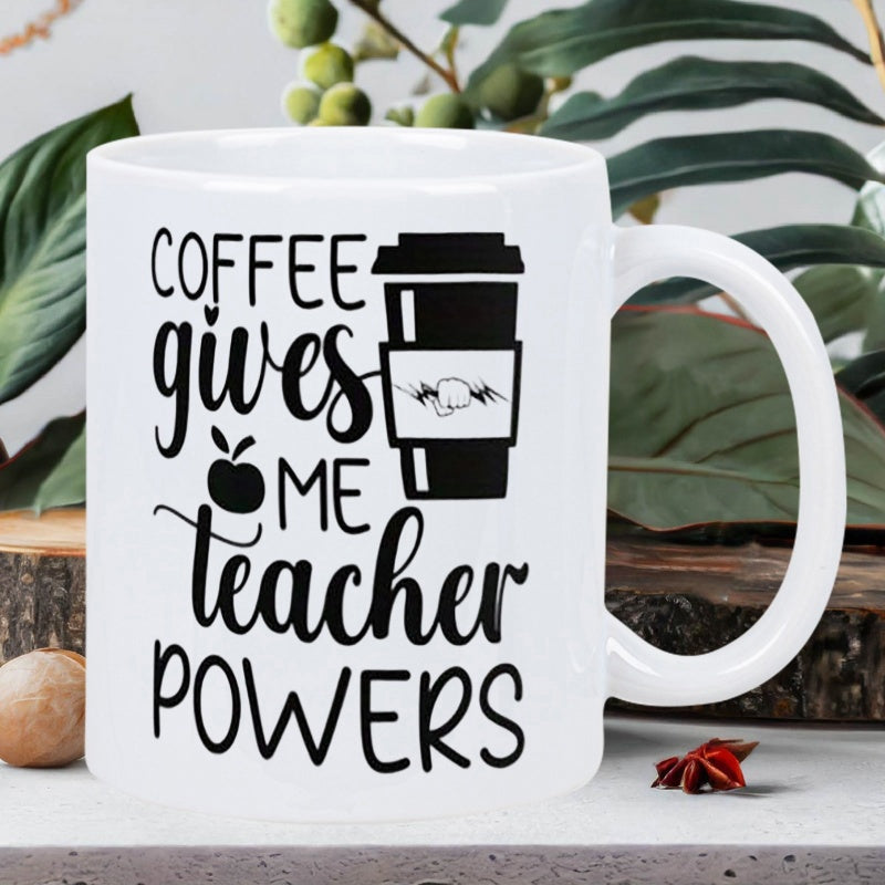 Tailorly White Ceramic 11 oz Mug - Coffee Gives Me Teacher Powers Simple Black Silhouette Takeaway Cup And Apple Icon Among Bold Typography Mug
