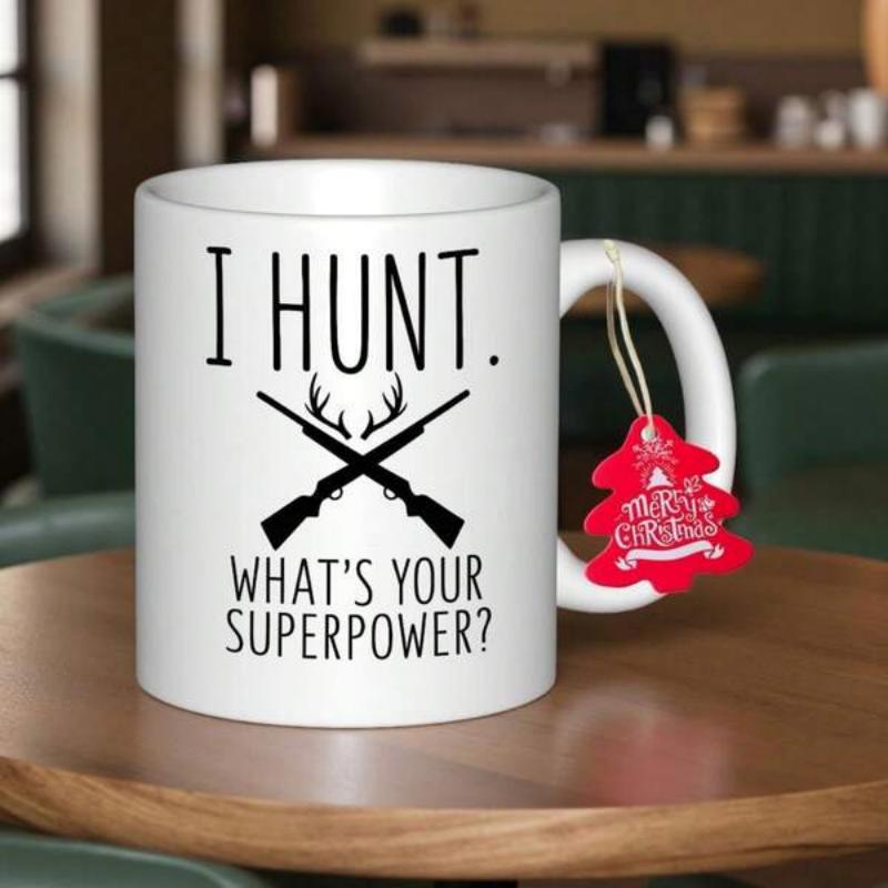 Tailorly White Ceramic 11 oz Mug - I Hunt Whats Your Superpower Crossed Hunting Rifles Featuring Majestic Deer Antlers In A Minimalist Silhouette Design Rifle
