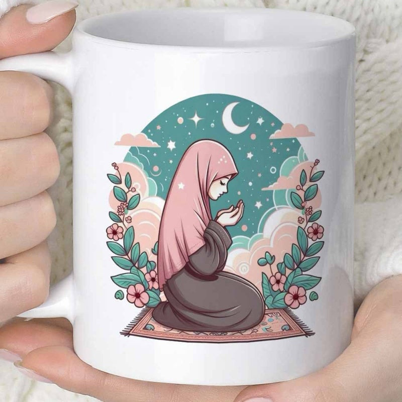 Tailorly White Ceramic 11 oz Mug - Peaceful Illustration Of A Muslim Girl Praying Under Moonlit Sky Woman