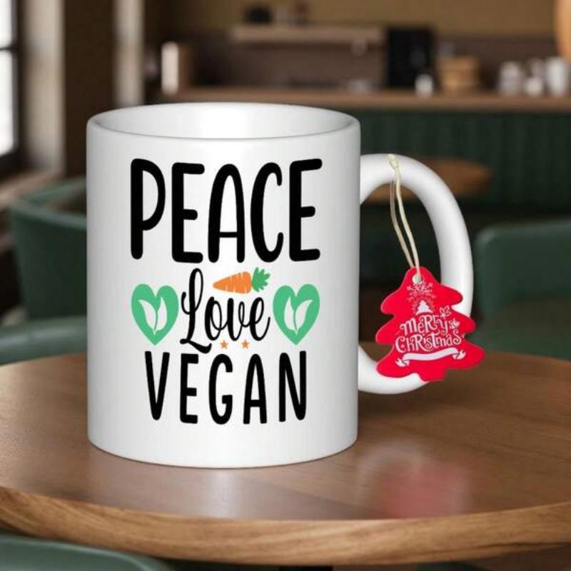 Tailorly White Ceramic 11 oz Mug - Peace Love Vegan Minimalist Typography Featuring Symbolic Green Hearts And Small Orange Carrot
