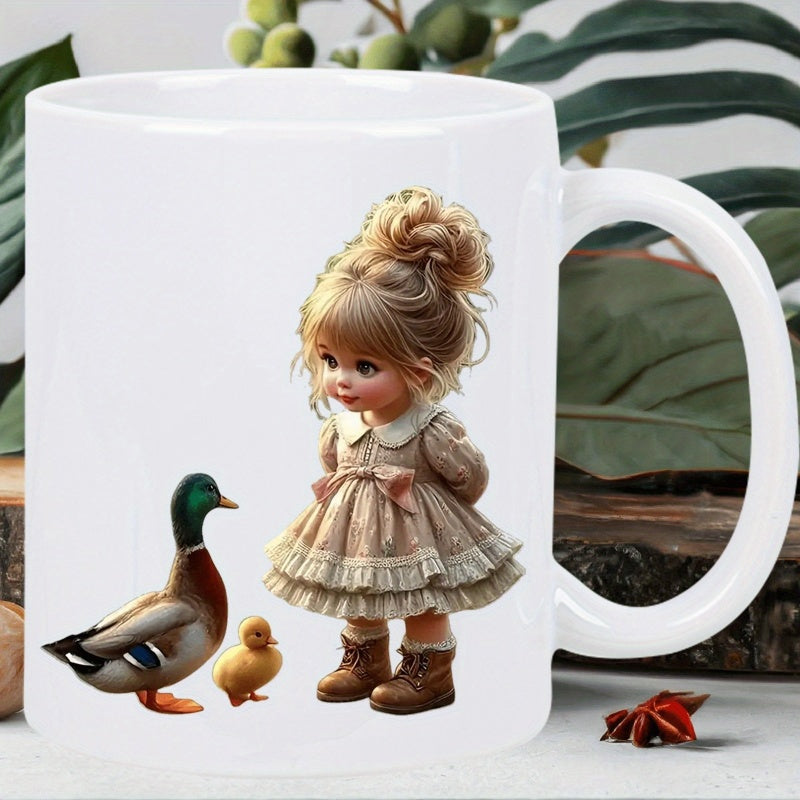 Tailorly White Ceramic 11 oz Mug - Adorable Little Child Wearing Ruffled Dress Watching Cute Mallard Duck Girl