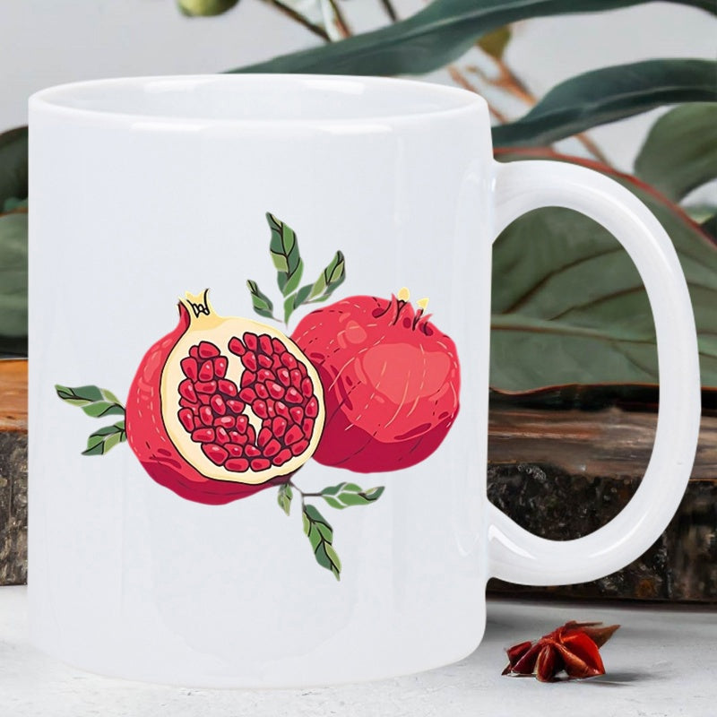 Tailorly White Ceramic 11 oz Mug - Fresh Ripe Juicy Red Sliced Fruit With Vibrant Green Leaves Pomegranate