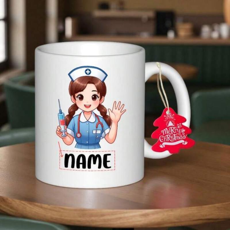 Tailorly White Ceramic 11 oz Mug - Name Cute Smiling Cartoon Character Wearing Blue Uniform Holding Medical Syringe Nurse