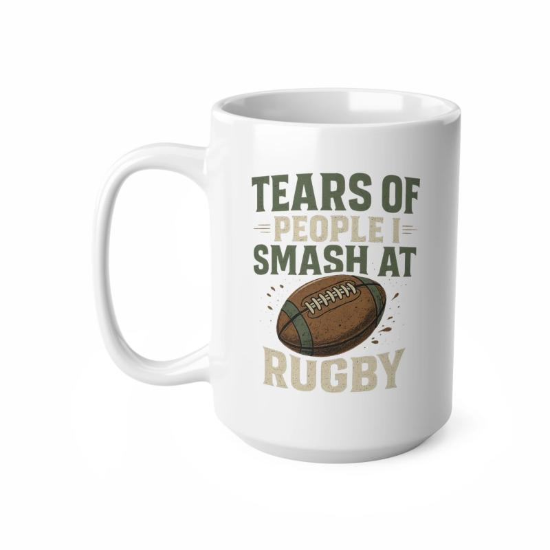 Tailorly White Ceramic 11 oz Mug - Tears Of People I Smash At Rugby Detailed Brown Leather Surface With Signature White Laces Ball