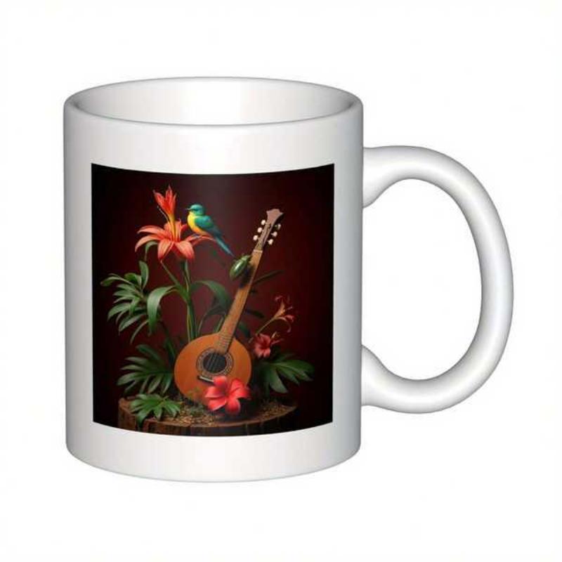 Tailorly White Ceramic 11 oz Mug - Vibrant Tropical Flowers With A Green Bird Perched Beside A Wooden Guitar