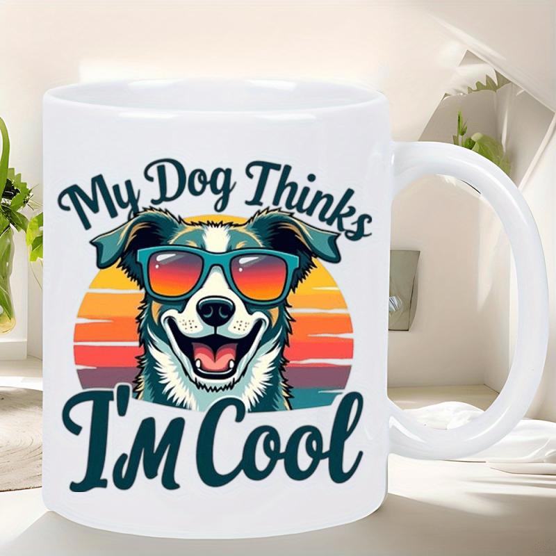 Tailorly White Ceramic 11 oz Mug - My Dog Thinks Im Cool Smiling Canine Wearing Colorful Sunglasses Among Retro Vibrant Sunset Rays Dog