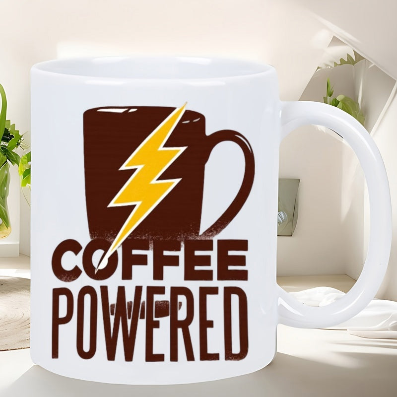 Tailorly White Ceramic 11 oz Mug - Coffee Powered Yellow Lightning Bolt Over Brown Mug Silhouette On Clean Background Mug
