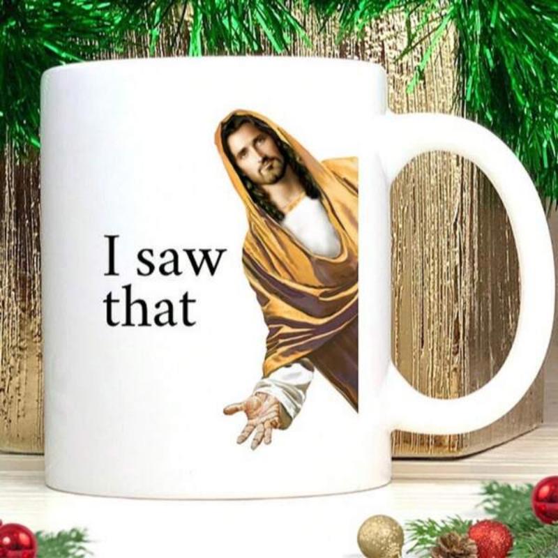 Tailorly White Ceramic 11 oz Mug - I Saw That Peeking Religious Figure Wearing Robes With Hand Reaching Out In Blessing Jesus