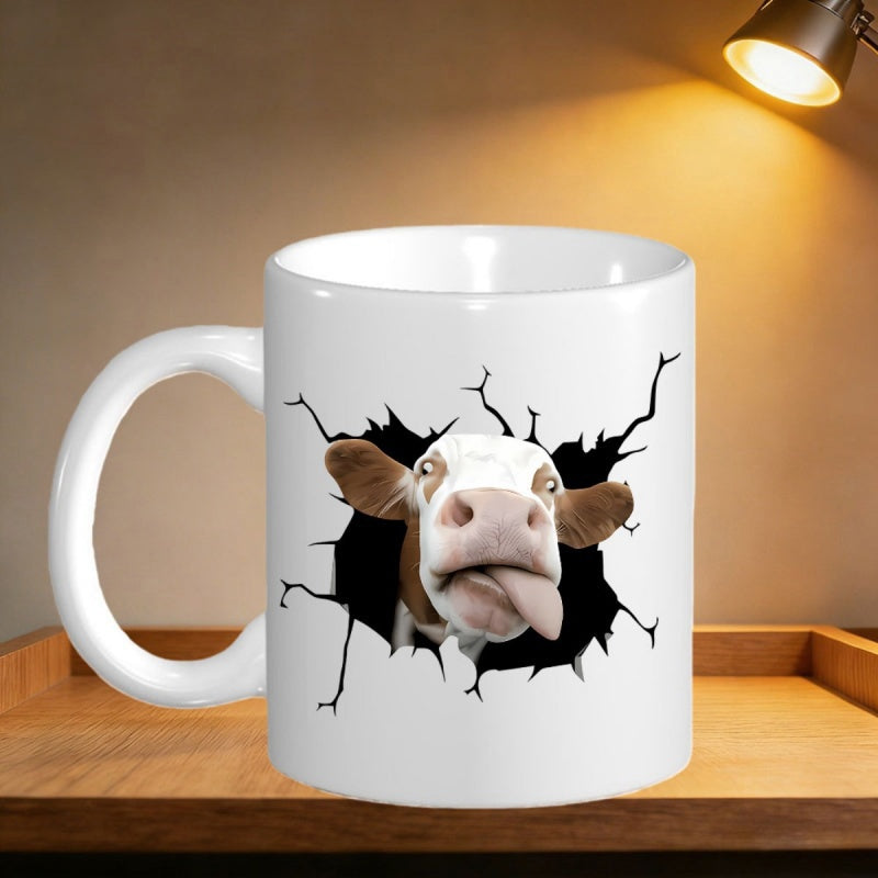Tailorly White Ceramic 11 oz Mug - Funny Spotted Cow Sticking Out Tongue Peeking Through Cracked Broken Hole Cow