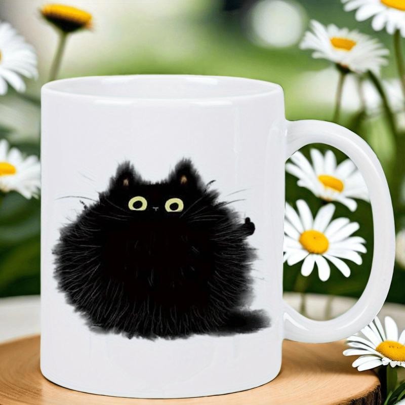 Tailorly White Ceramic 11 oz Mug - Round Fluffy Black Furry Feline With Big Expressive Golden Eyes Cat
