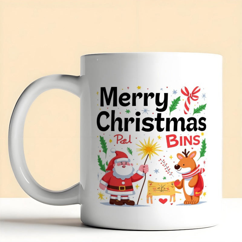 Tailorly White Ceramic 11 oz Mug - Merry Christmas Pal Bins Festive Cartoon Santa Holding Sparkler Next To Reindeer Under Holly Leaves Santa Claus