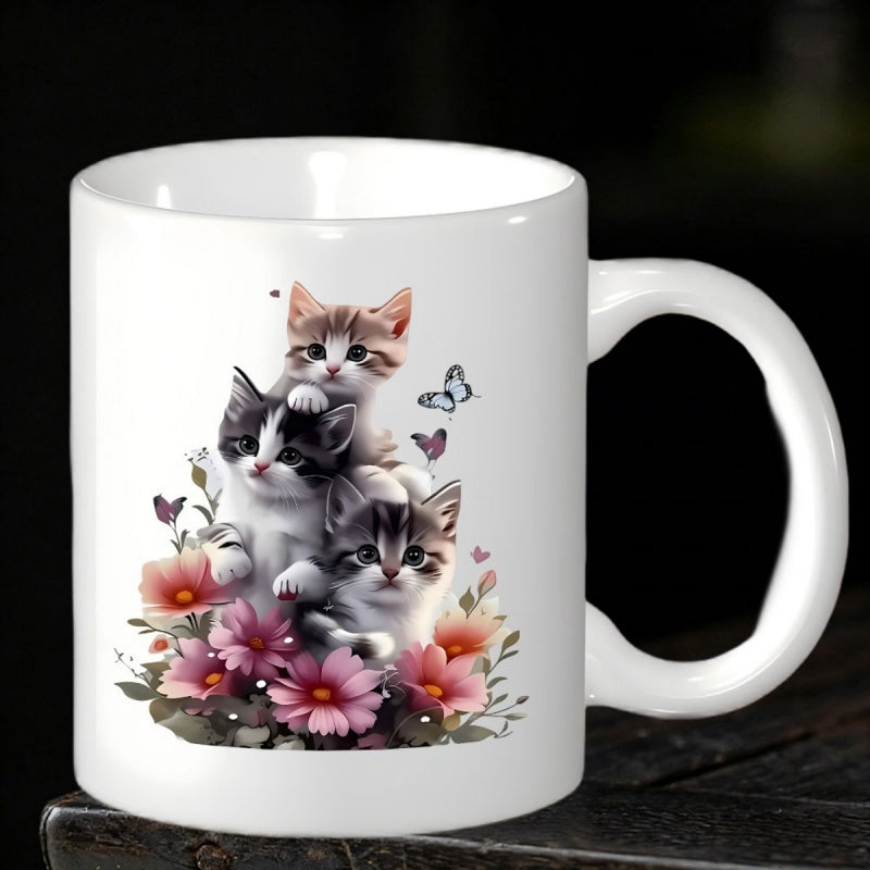 Tailorly White Ceramic 11 oz Mug - Three Adorable Fluffy Kittens Playing Among Vibrant Blooming Spring Flowers Cat