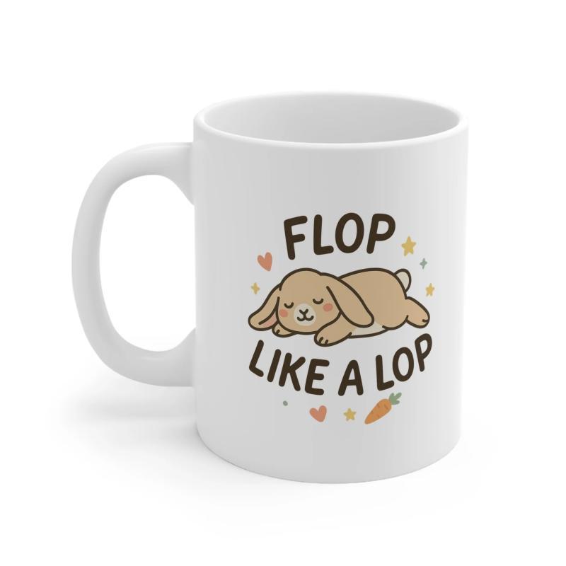 Tailorly White Ceramic 11 oz Mug - Flop Like A Lop Cute Brown Bunny Sleeping Peacefully With Decorative Hearts Carrot Rabbit