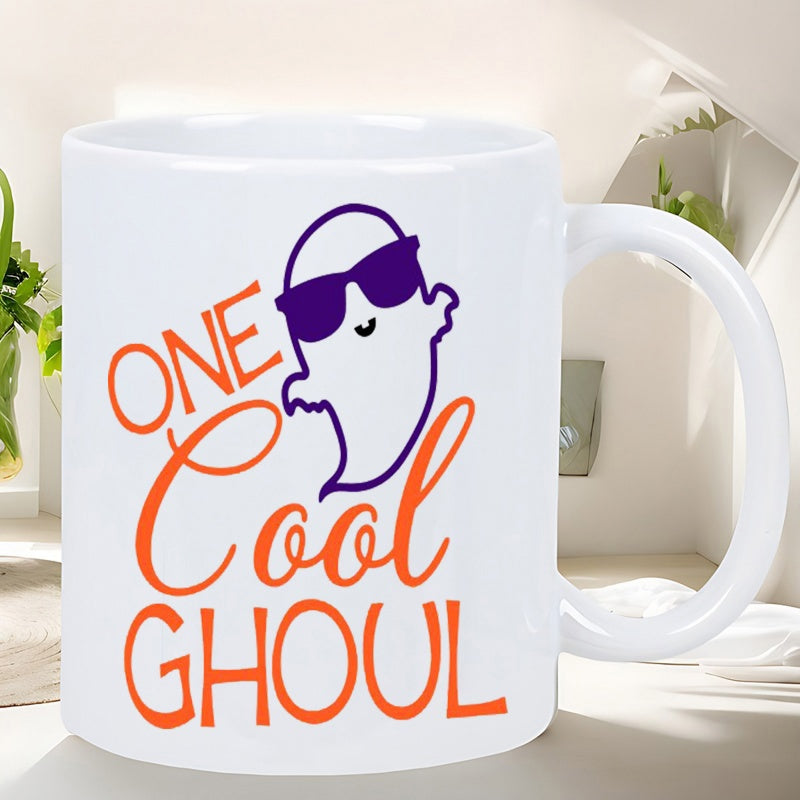 Tailorly White Ceramic 11 oz Mug - One Cool Ghoul Cute Purple Outlined Cartoon Ghost Character Wearing Dark Sunglasses Ghost