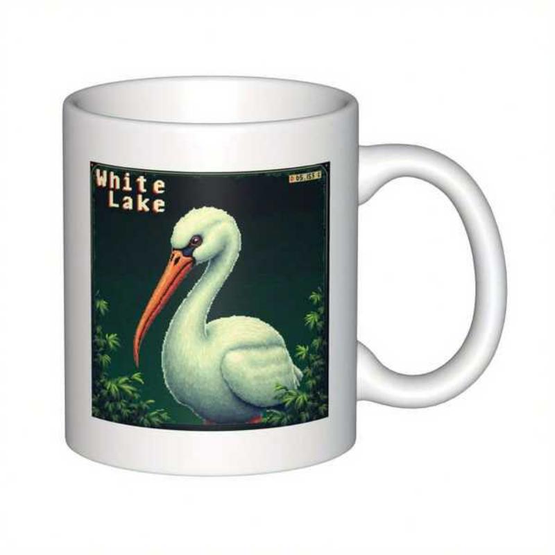 Tailorly White Ceramic 11 oz Mug - White Lake Serene White Water Bird Resting Among Lush Green Leaves Under Dark Night Skies Bird
