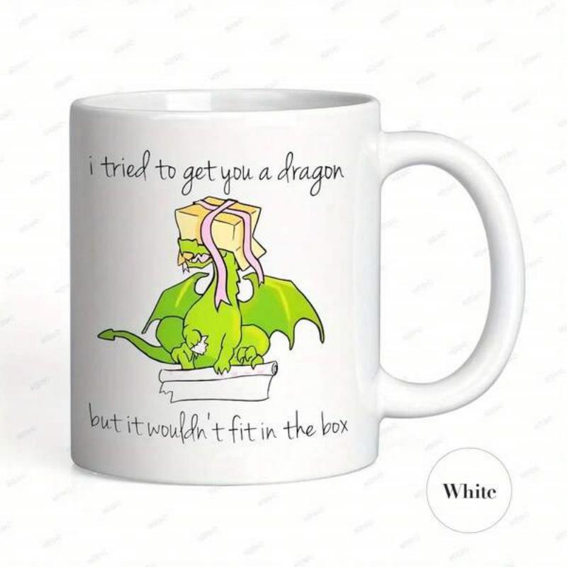 Tailorly White Ceramic 11 oz Mug - I Tried To Get You A Dragon But It Wouldn't Fit In The Box Cute Little Green Dragon Holding Wrapped Gift Box On Its Head Dragon