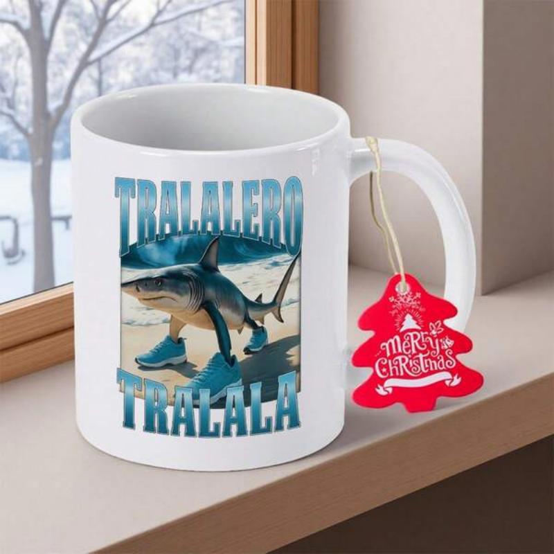 Tailorly White Ceramic 11 oz Mug - Tralalero Tralala Funny Cartoon Walking Along Sunny Tropical Beach With Blue Sneakers Shark