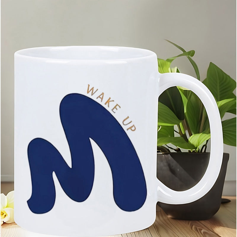 Tailorly White Ceramic 11 oz Mug - Wake Up Abstract Navy Blue Bold Brush Stroke Style Minimalist Elegant Design Letter