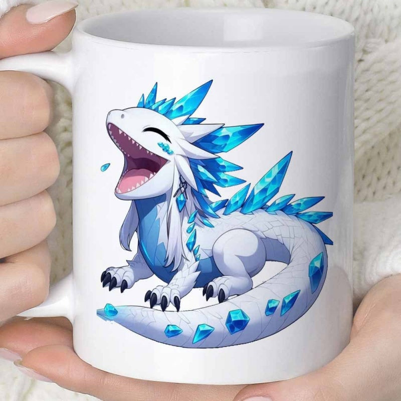 Tailorly White Ceramic 11 oz Mug - Cute White Baby Dragon With Shimmering Blue Ice Crystals Laughing Dragon