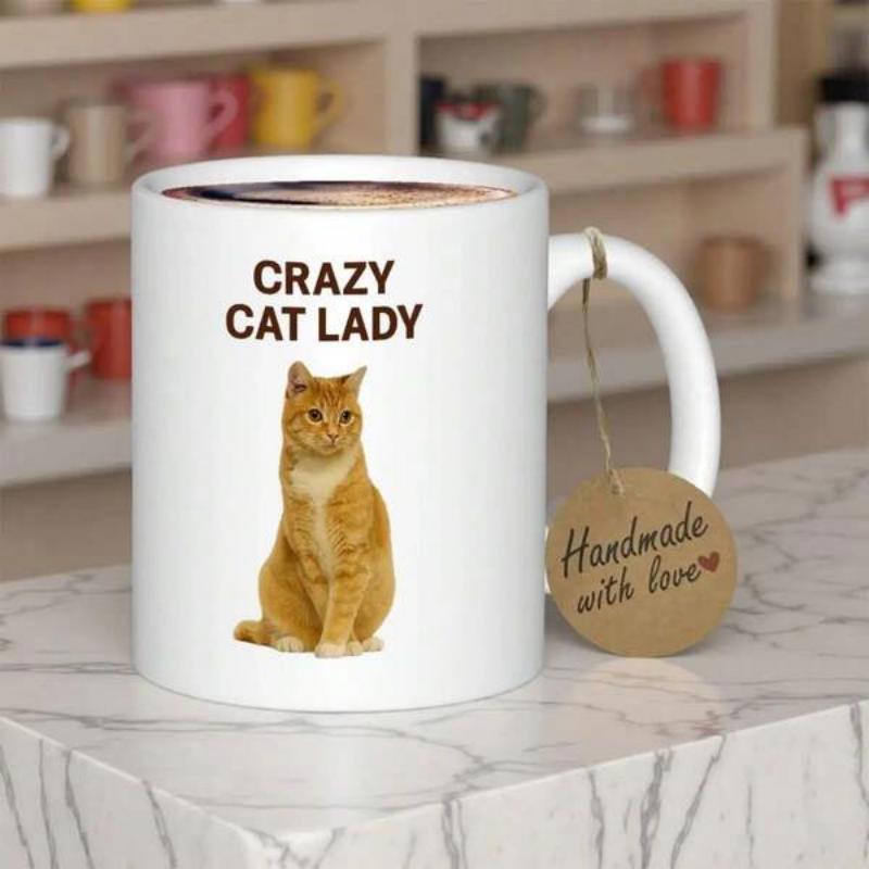 Tailorly White Ceramic 11 oz Mug - Crazy Cat Lady Adorable Ginger Tabby Cat Sitting Calmly On A Plain Surface Cat