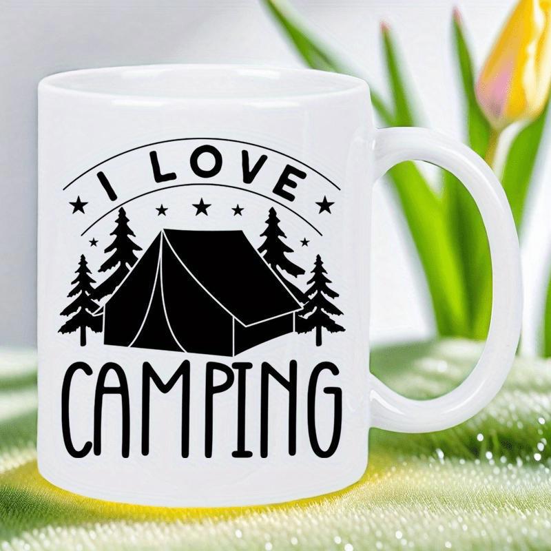Tailorly White Ceramic 11 oz Mug - I Love Camping Minimalist Silhouette Outdoor Scene With Stars And Pine Trees Tent