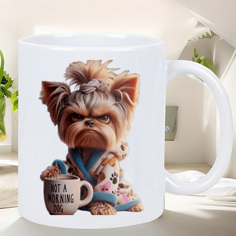 Tailorly White Ceramic 11 oz Mug - Not A Morning Dog Grumpy Little Dog Wearing Floral Bathrobe Holding A Steaming Coffee Mug Yorkshire Terrier