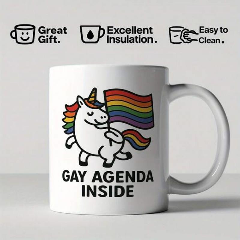 Tailorly White Ceramic 11 oz Mug - Gay Agenda Inside Whimsical Cartoon Unicorn Holding A Vibrant Rainbow Pride Flag Proudly Standing Unicorn