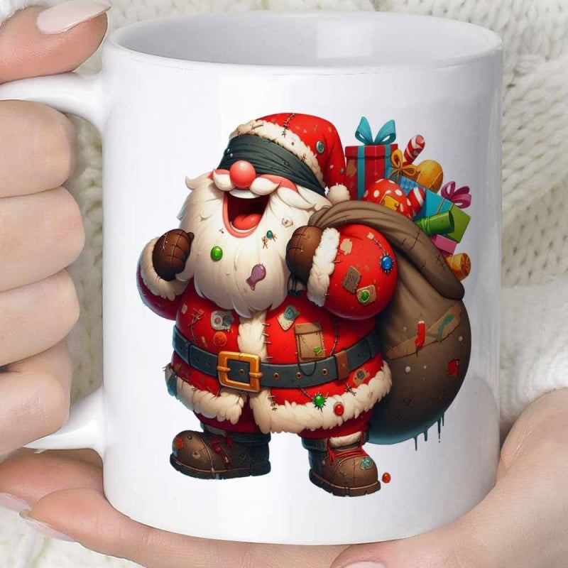 Tailorly White Ceramic 11 oz Mug - Jolly Father Christmas Carrying Sack Filled With Colorful Holiday Toys Santa