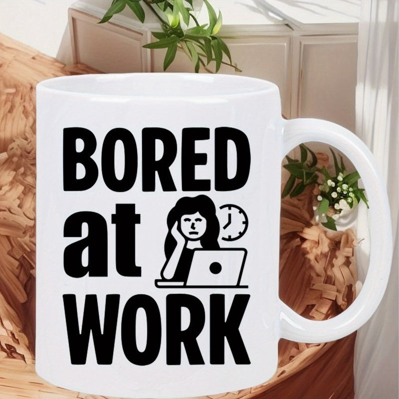 Tailorly White Ceramic 11 oz Mug - Bored At Work Minimalist Silhouette Of A Tired Woman Working At Her Desk Woman