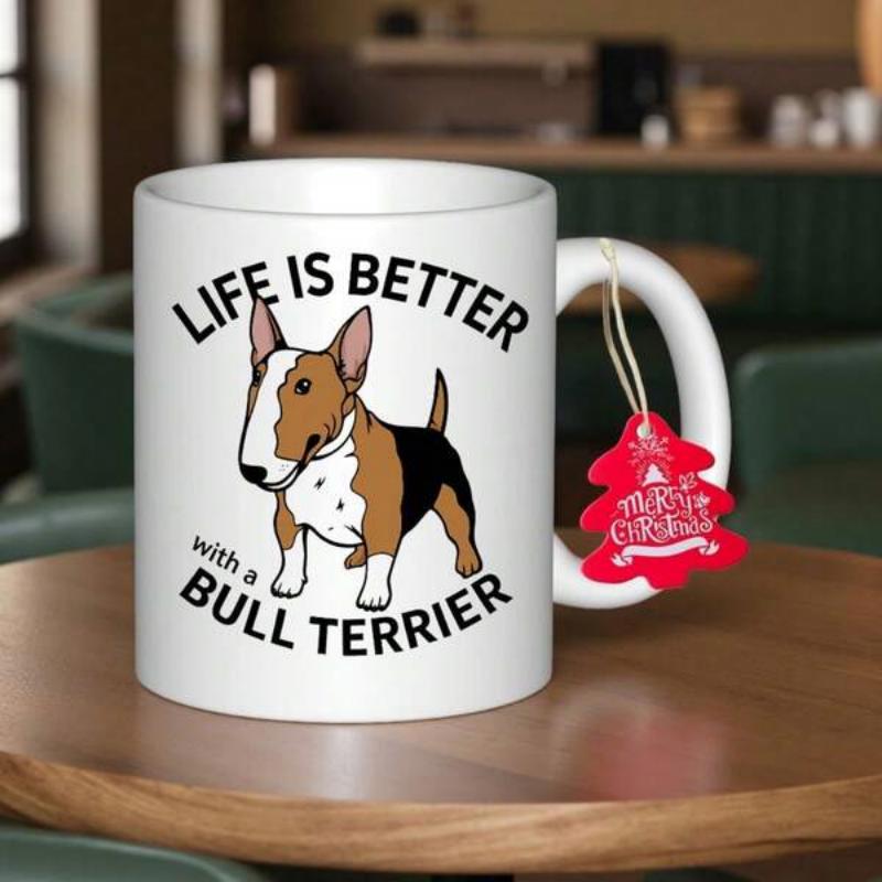Tailorly White Ceramic 11 oz Mug - Life Is Better With A Bull Terrier Alert Tri Color Bull Terrier Standing Calmly On Clean White Background Dog