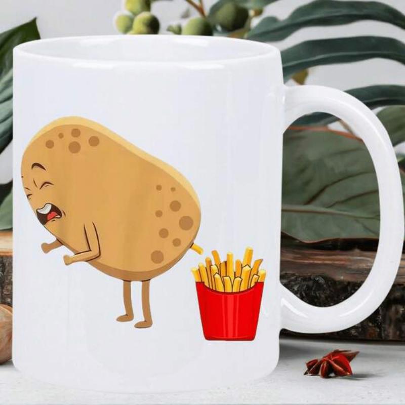Tailorly White Ceramic 11 oz Mug - Laughing Cartoon Character Pooping Golden Crispy French Fries In Red Container Potato