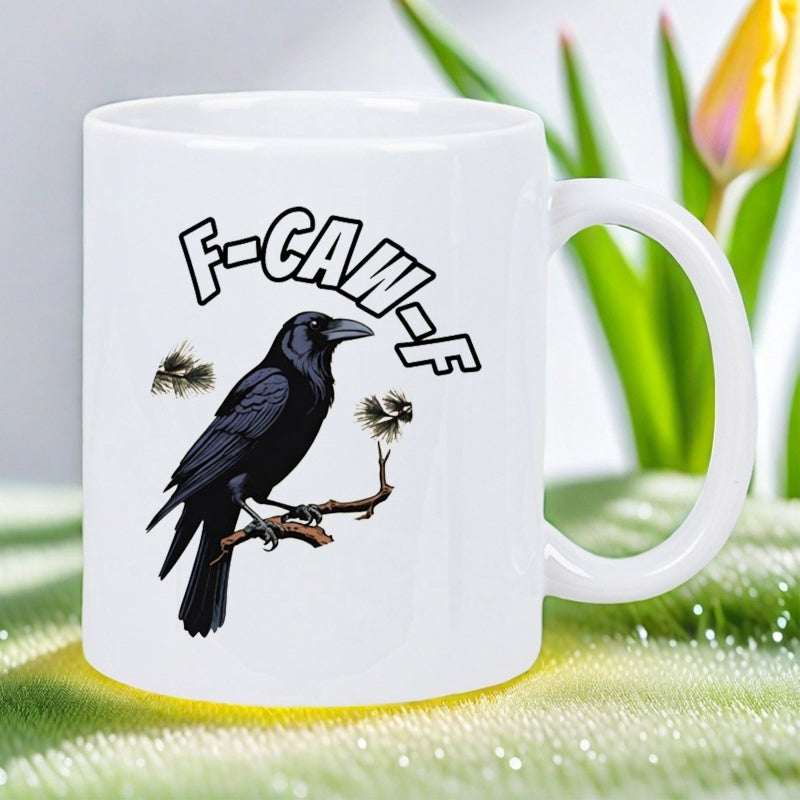 Tailorly White Ceramic 11 oz Mug - F Caw F Majestic Black Bird Resting On A Minimalist Natural Branch Raven
