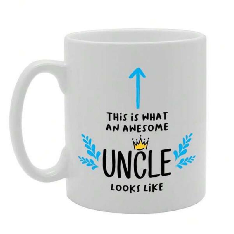 Tailorly White Ceramic 11 oz Mug - This Is What An Awesome Uncle Looks Like Hand Drawn Blue Arrow And Small Golden Crown With Flourishing Leaves Mug