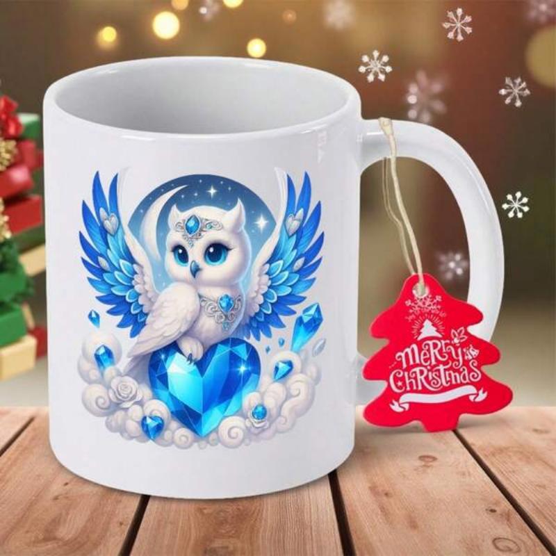 Tailorly White Ceramic 11 oz Mug - Merry Christmas Glistening Blue Heart With Magical Wings And Shining Winter Gemstones Owl