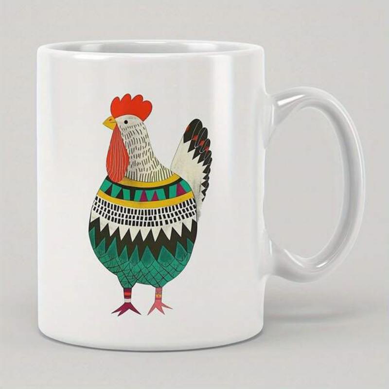 Tailorly White Ceramic 11 oz Mug - Colorful Folk Art Style Bird With Geometric Patterns And Bright Plumage Rooster