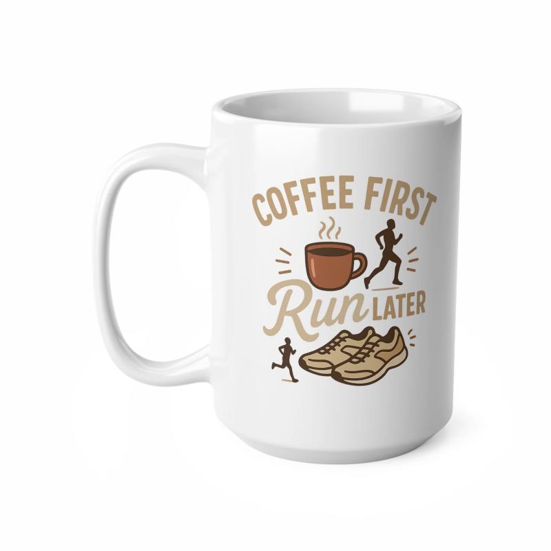 Tailorly White Ceramic 11 oz Mug - Coffee First Run Later Steaming Brown Coffee Cup Beside Sporty Shoes And Active Silhouette Runner