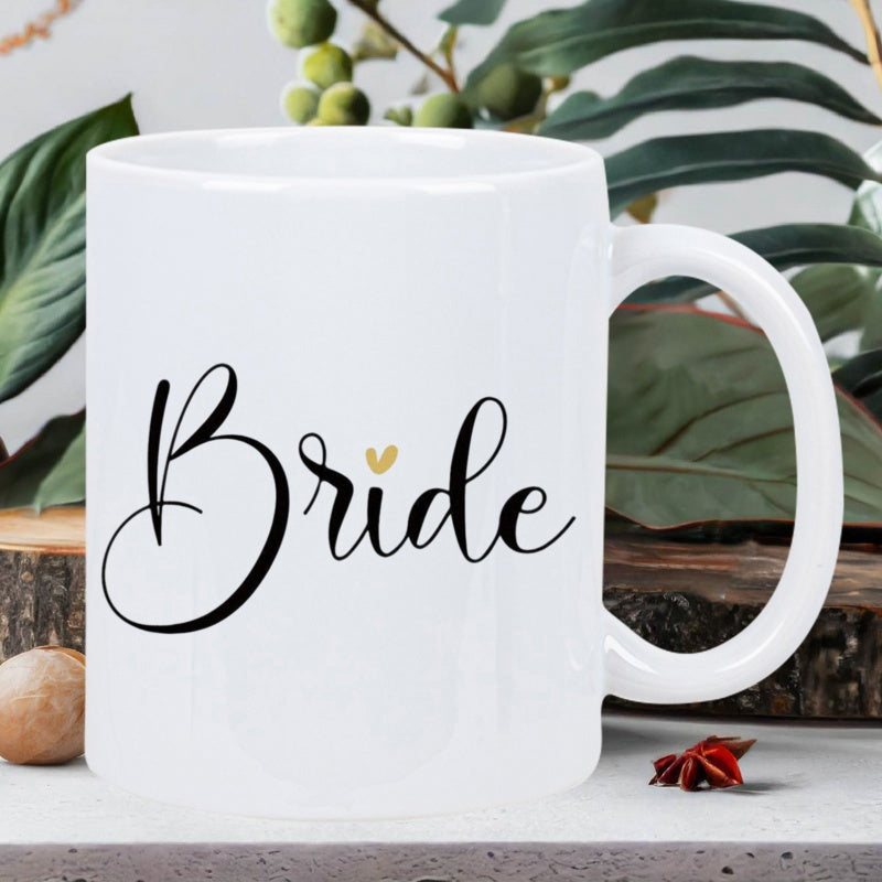 Tailorly White Ceramic 11 oz Mug - Bride Minimalist Elegant Script With A Tiny Golden Heart Accent Ceramic Mug